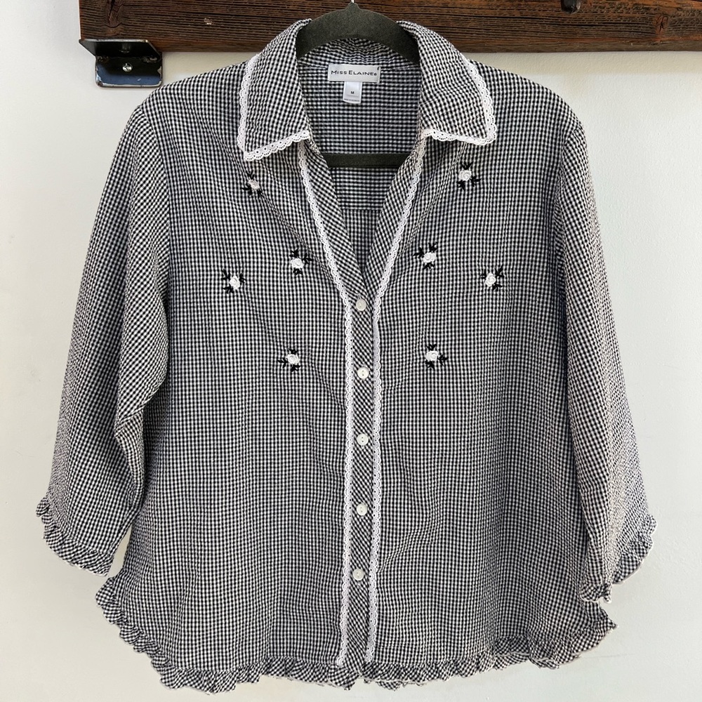BLACK WHITE GINGHAM EMBROIDERED TOP